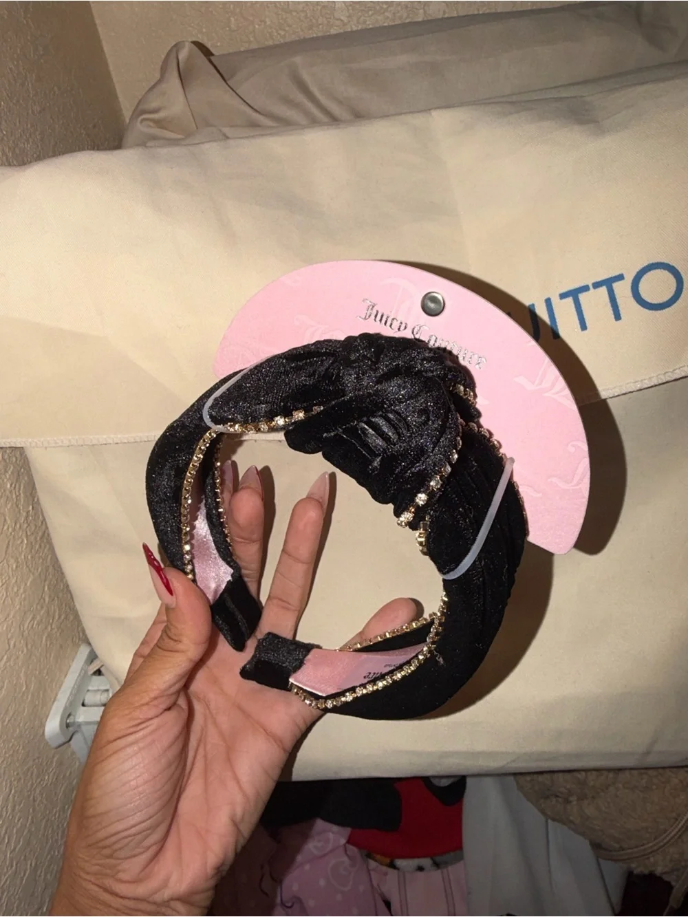 Juicy Couture Black Satin Knotted Headband with Gold Rhinestone Trim